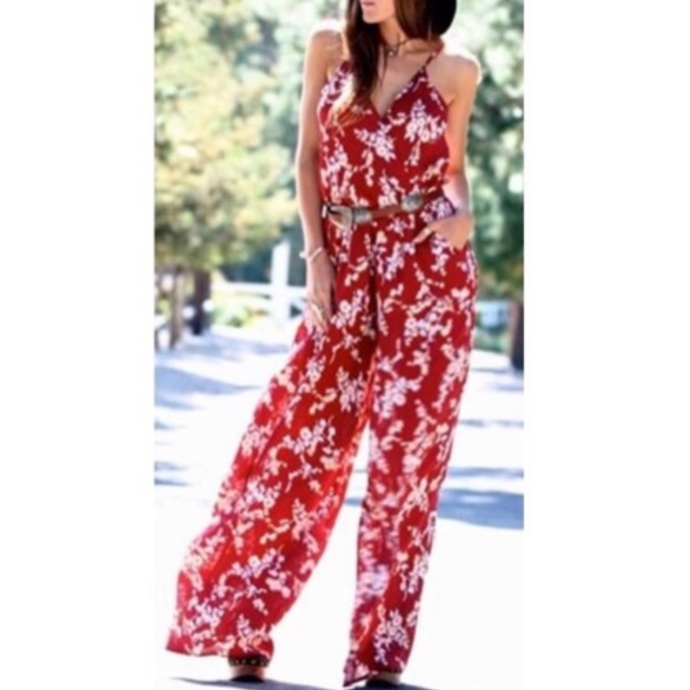 Flynn Skye red floral wide-leg jumpsuit